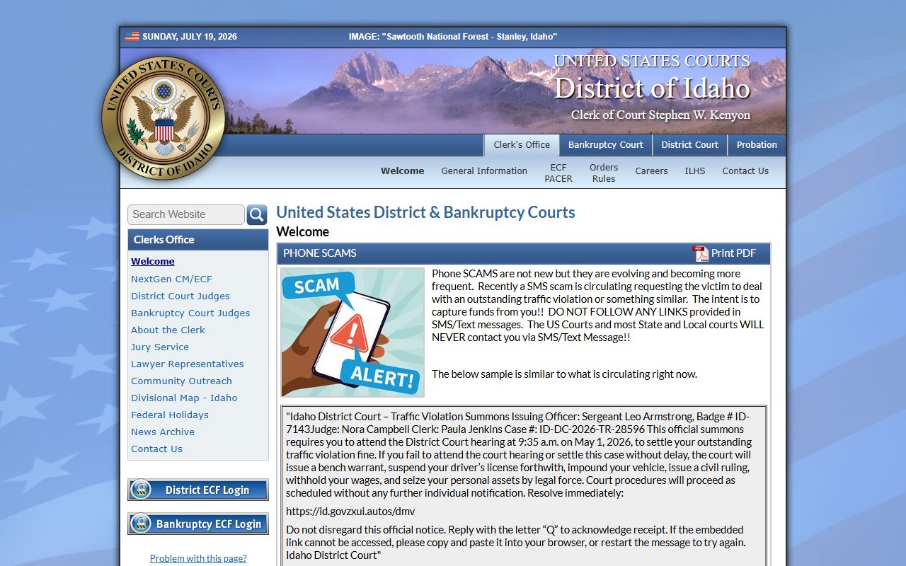 Camas County criminal records District of Idaho federal court