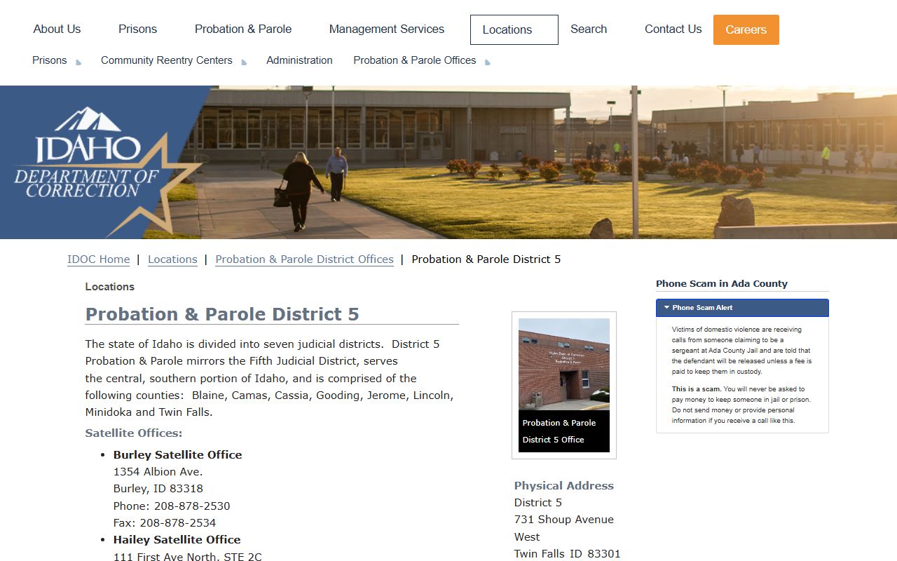 Camas County criminal records IDOC District 5 supervision office