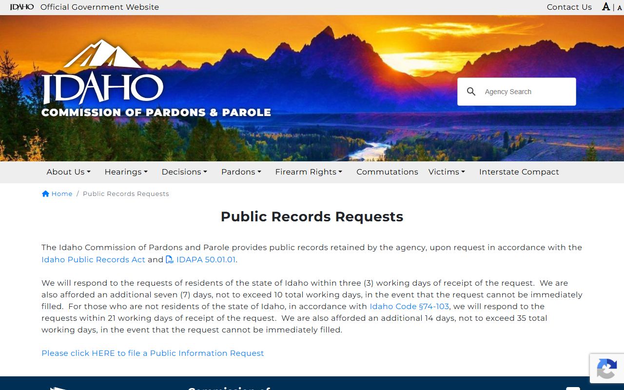 Camas County criminal records Idaho parole public information request