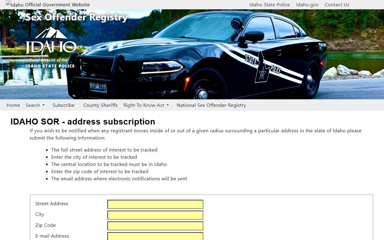 Idaho registry Fairfield address alert subscription form