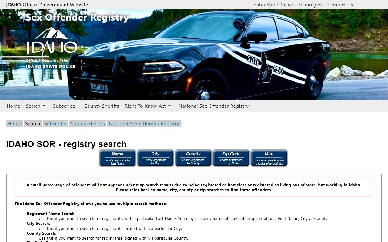 Idaho Central Sex Offender Registry search menu for Camas County searches