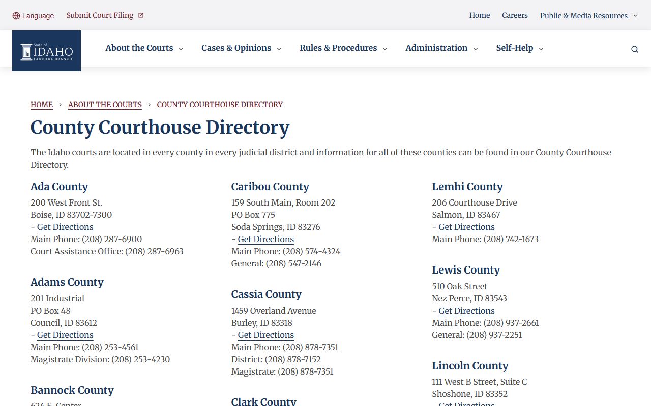 Idaho court directory for the Camas County courthouse in Fairfield