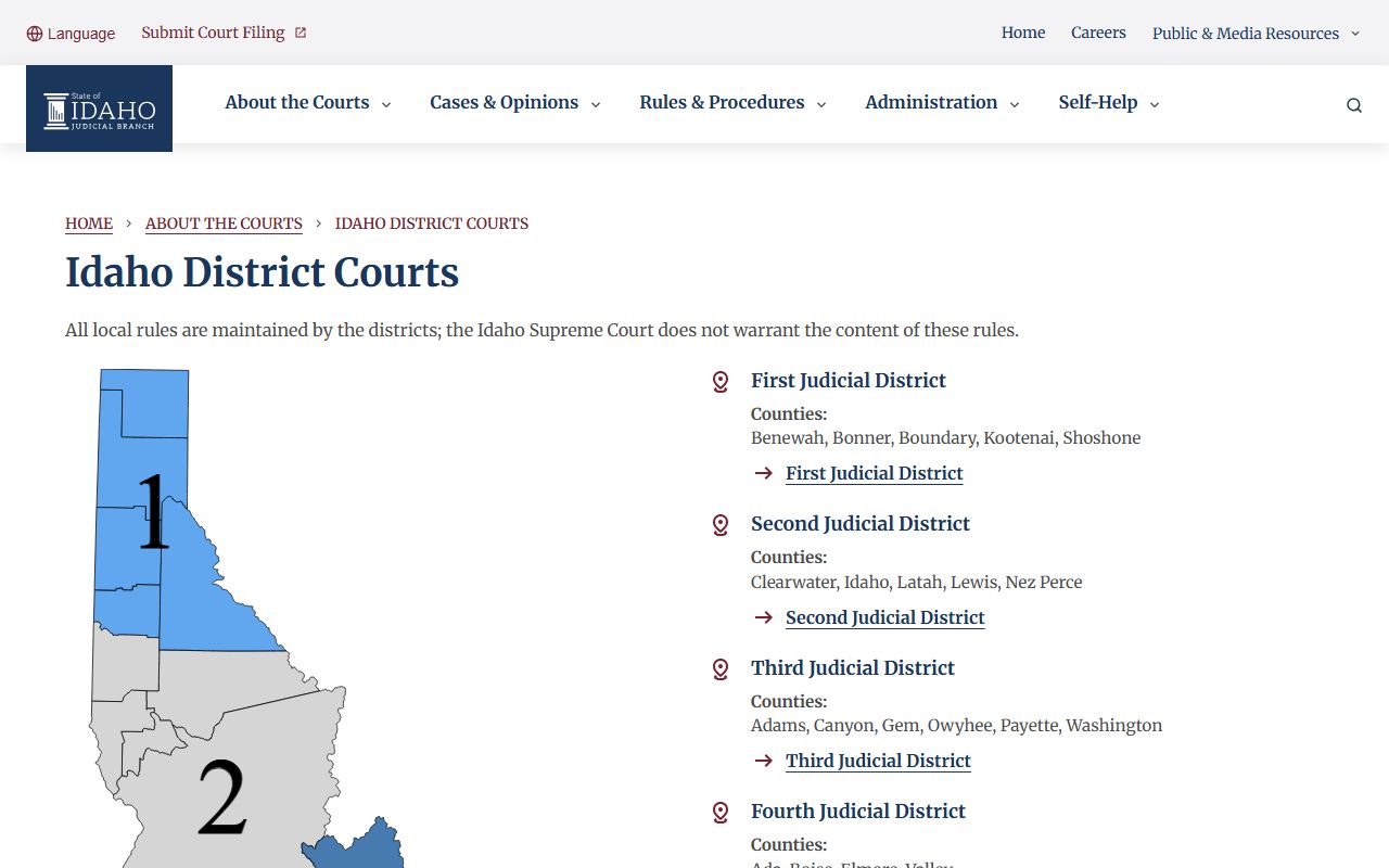 Idaho district court map for Fairfield judicial context